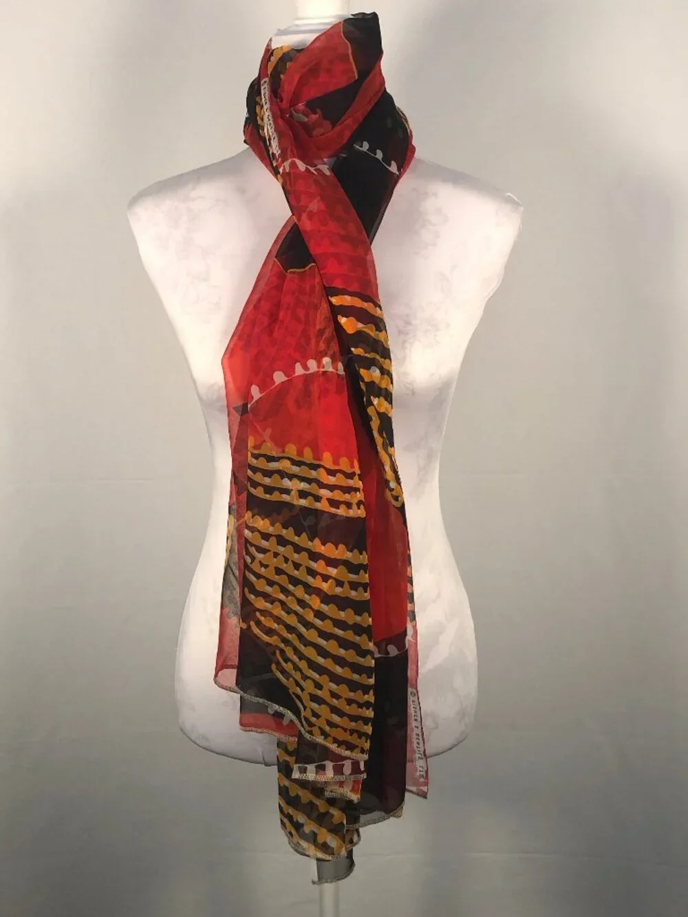 Vintage Fisher & Gentile Sheer Scarf – Red Black Gold Abstract Print | Statement